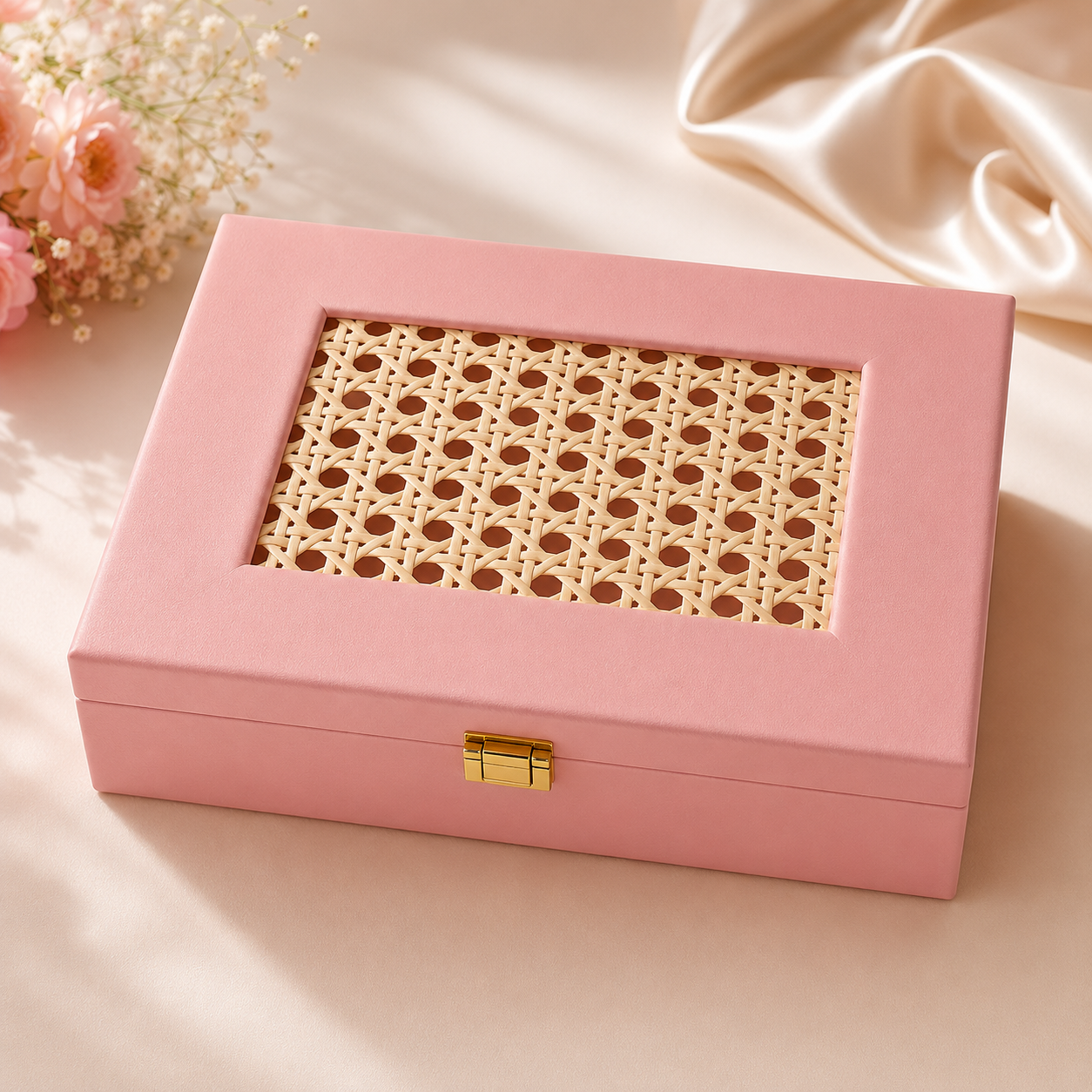 Pink Leather Gift Box with Woven Panel