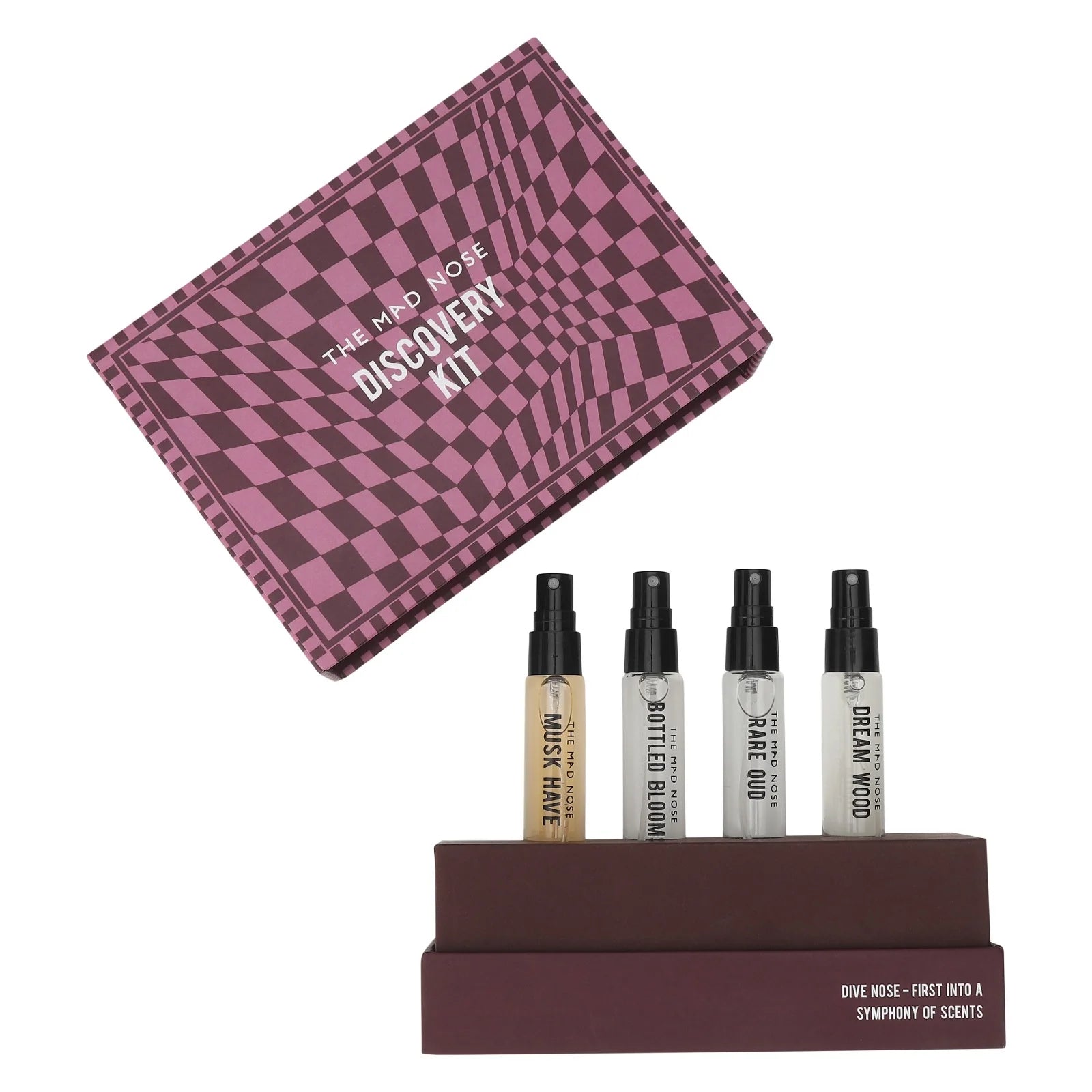Discovery Set – 4 x 10ml Custom Perfume Gift Box featuring four travel-size Eau de Parfum bottles of your choice from eight signature fragrances. Luxury fragrance sampler in a premium gift box, ideal for discovering your signature scent, gifting, or travel