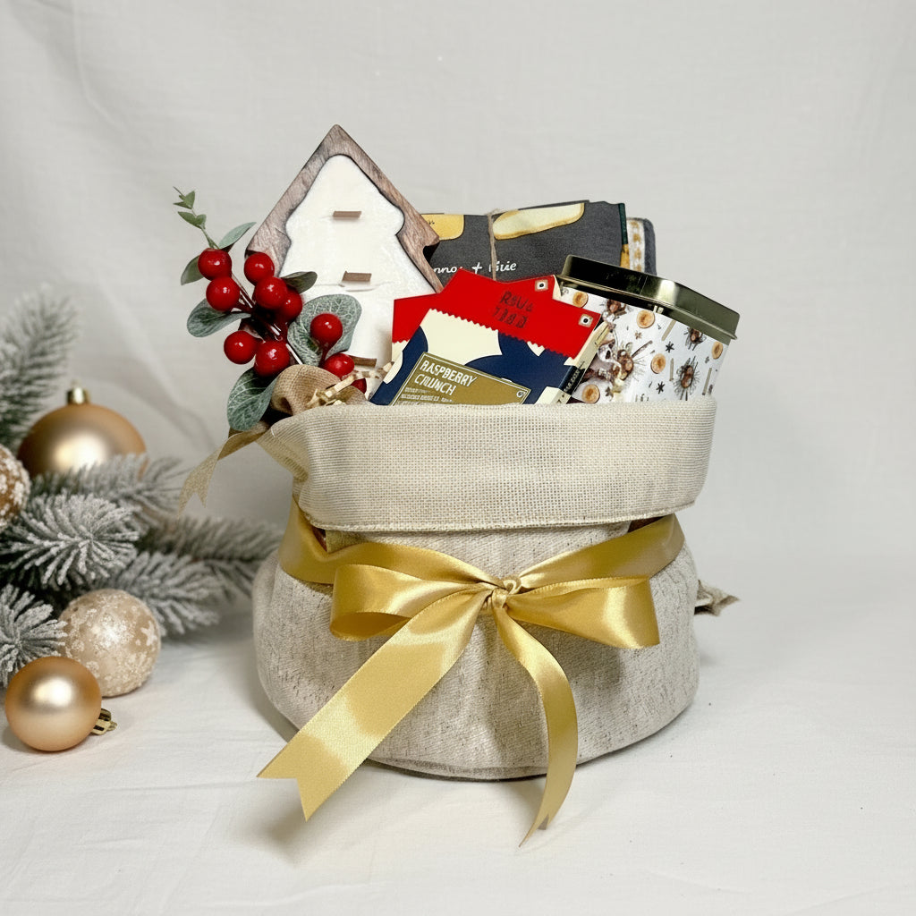 Christmas Gift basket with a gold ribbon. Mulled wine tea, chocolates and Xmas tree shaped wooden scented candle , hand napkins cheese inspired.