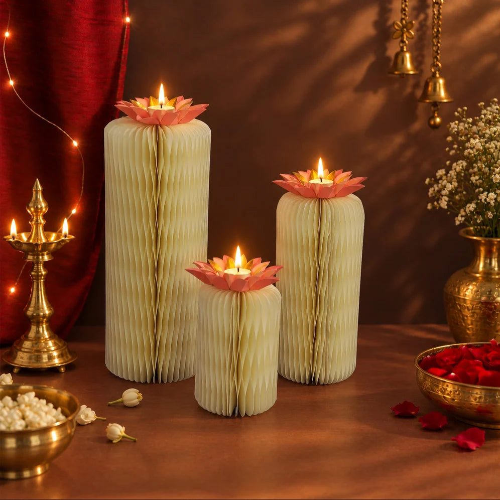 Lotus Accordian Trio Gift Set with honeycomb pillars, floral decor and tealight candles