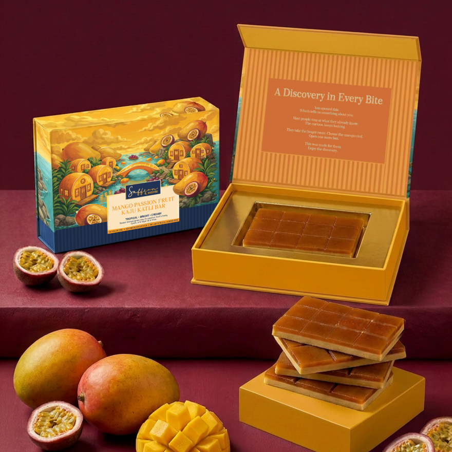 Mango Passion Fruit Kaju Katli Bar made with smooth cashew mithai and tropical fruit flavours, perfect for Diwali gifting and corporate gift hampers.
