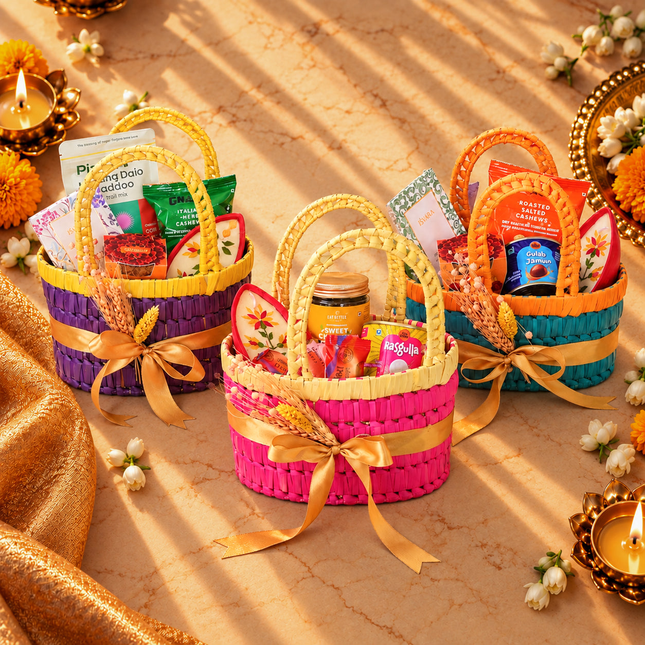 Three colorful woven gift baskets filled with assorted packaged snacks, tea, and sweets, arranged on a warm beige surface with decorative candles, flowers, and draped fabric.