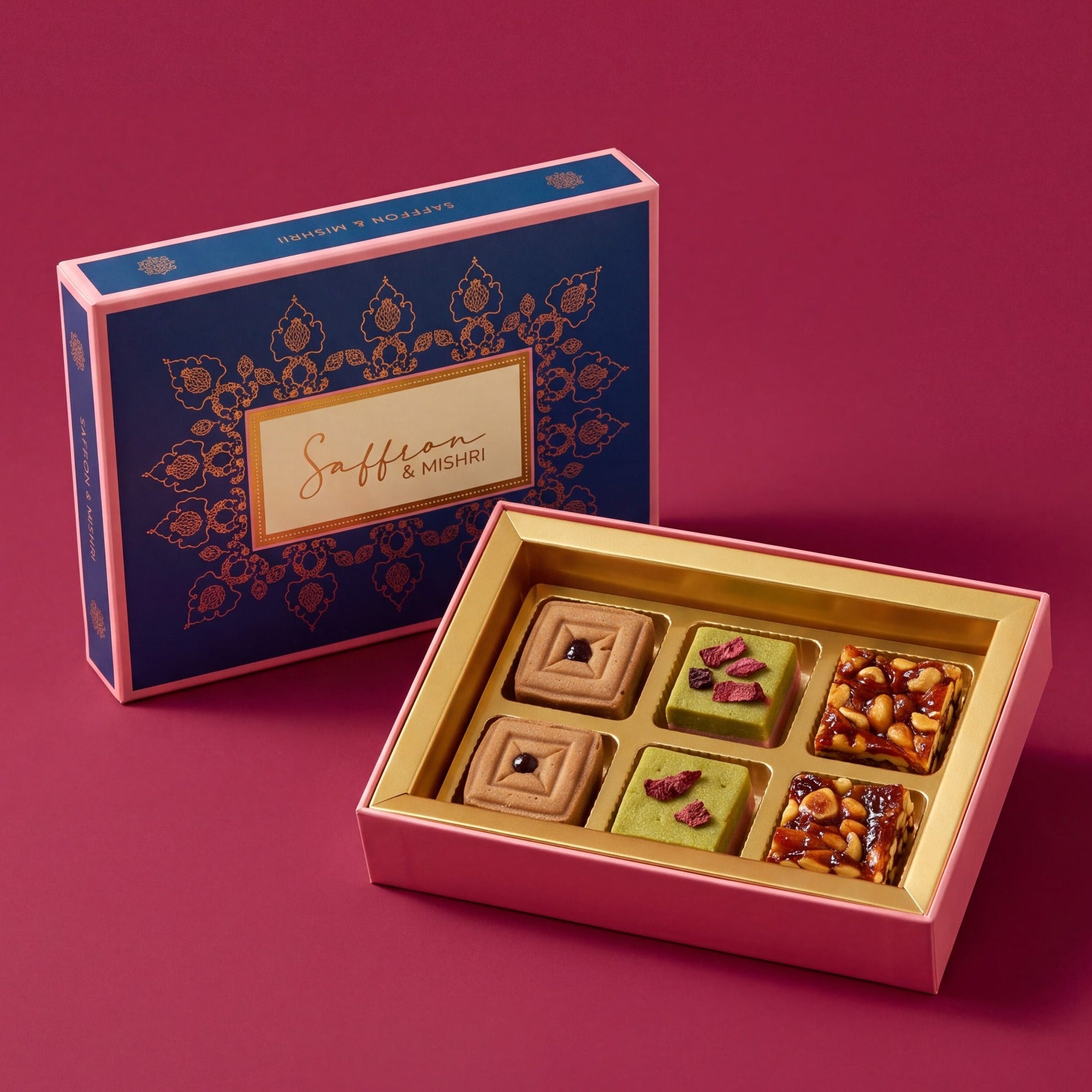 Signature Mithai 6 PC Box featuring gourmet Indian sweets with espresso cashew, berry matcha and cranberry bites, perfect for premium Diwali gifting.