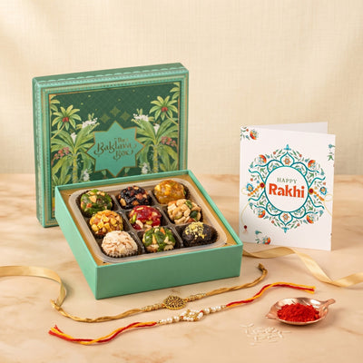 Emerald Assorted Mixed Dry Fruit Laddu Box with 2 Kundan Rakhis | 9 Pcs