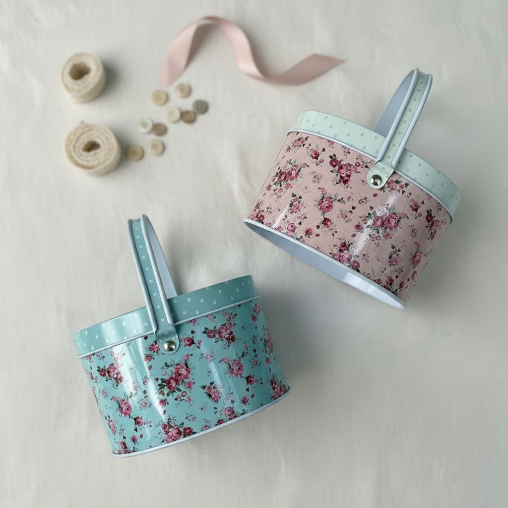 Vintage Floral Tin Basket – Set of 2