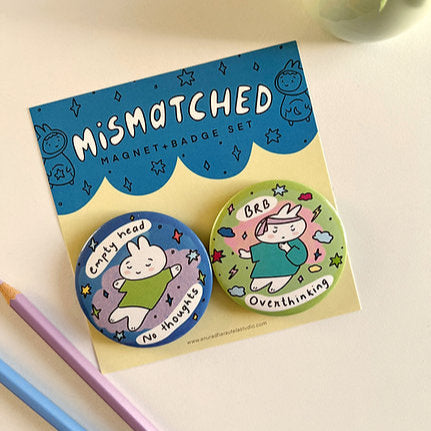 Empty Head with Overthinker Mistmatched Magnet + Badge Set