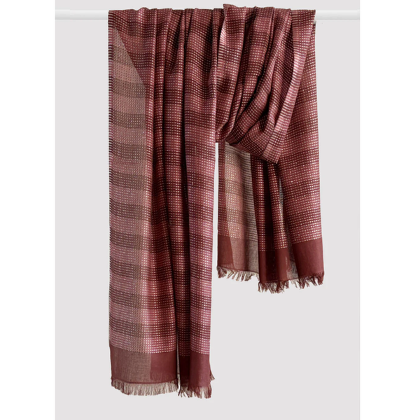 Premium Bordeaux cotton shawl featuring shimmering zari stripes and a textured woven finish.