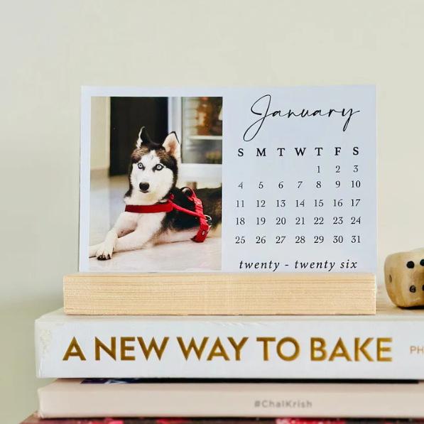 Desk Photo Calendar 2026 with Wooden Base Personalised