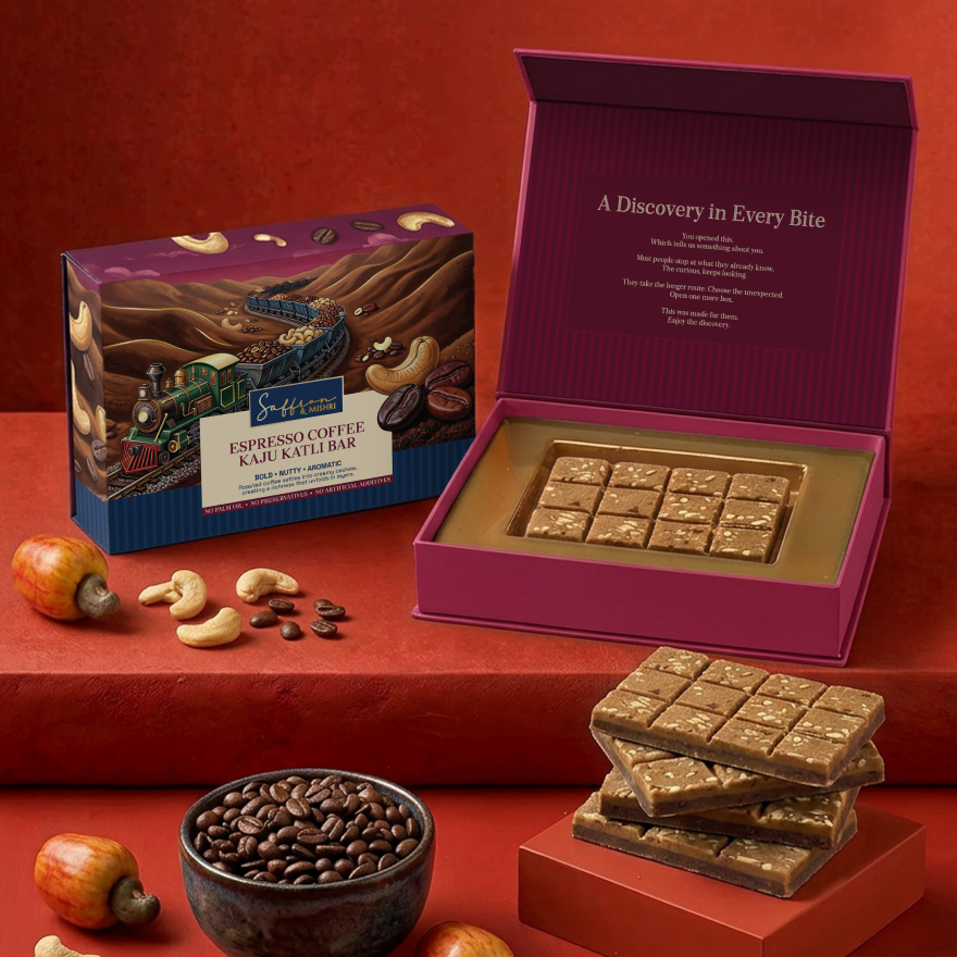 Espresso Coffee Kaju Katli Bar made with rich cashew mithai and aromatic coffee notes, perfect for Diwali gifting and corporate gift hampers.