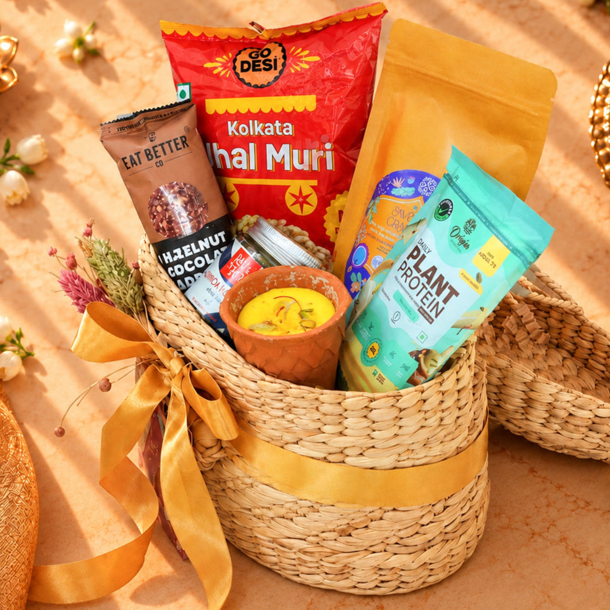 A woven straw gift basket with a gold ribbon, filled with assorted packaged snacks and a small bowl, styled on a warm beige surface with decorative flowers, a lit candle, and gold-toned props.