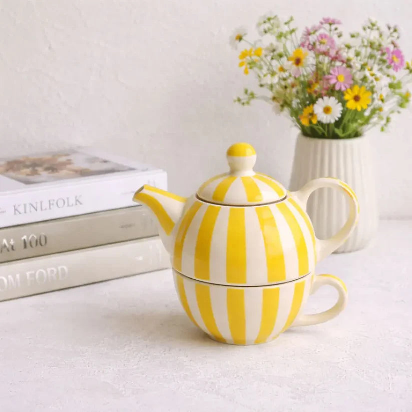 Handmade Ceramic Striped Tea Pot and Cup Set