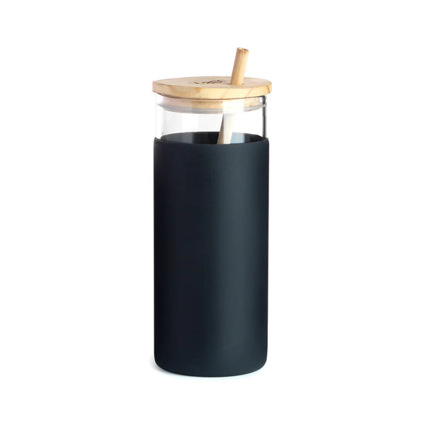 Sleek Glass Tumblers with Silicone Sleeve and Bamboo Lid & Straw Pebel