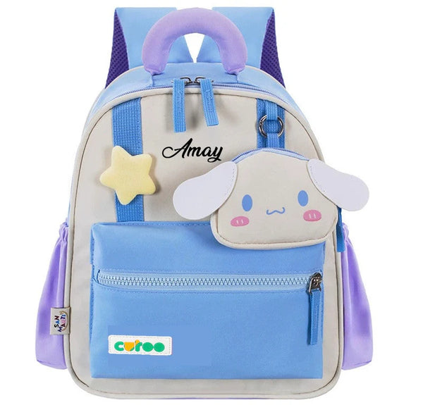 Blue personalized toddler backpack with custom name, water resistant fabric, and side pockets for preschool, daycare, and everyday adventures.