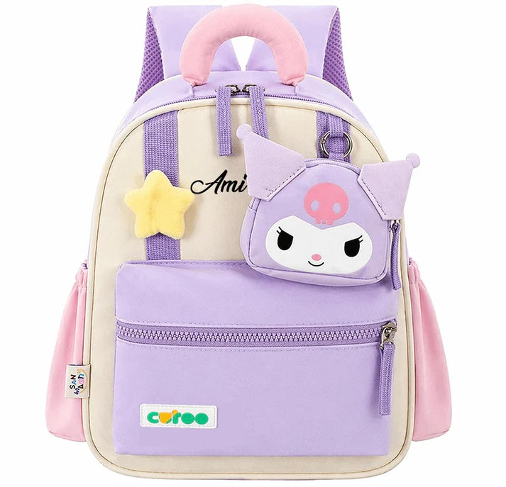 Purple personalized toddler backpack with custom name, water resistant fabric, and side pockets for preschool, daycare, and everyday adventures.