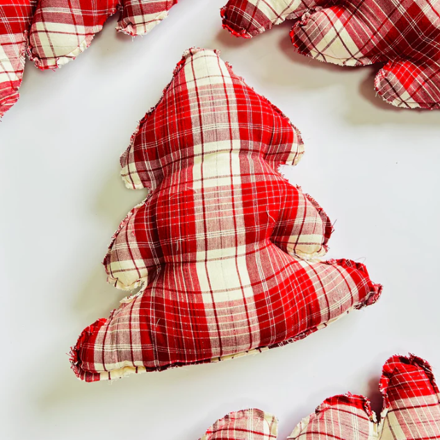Joyful Holiday Christmas Tree Cushion | Red Plaid
