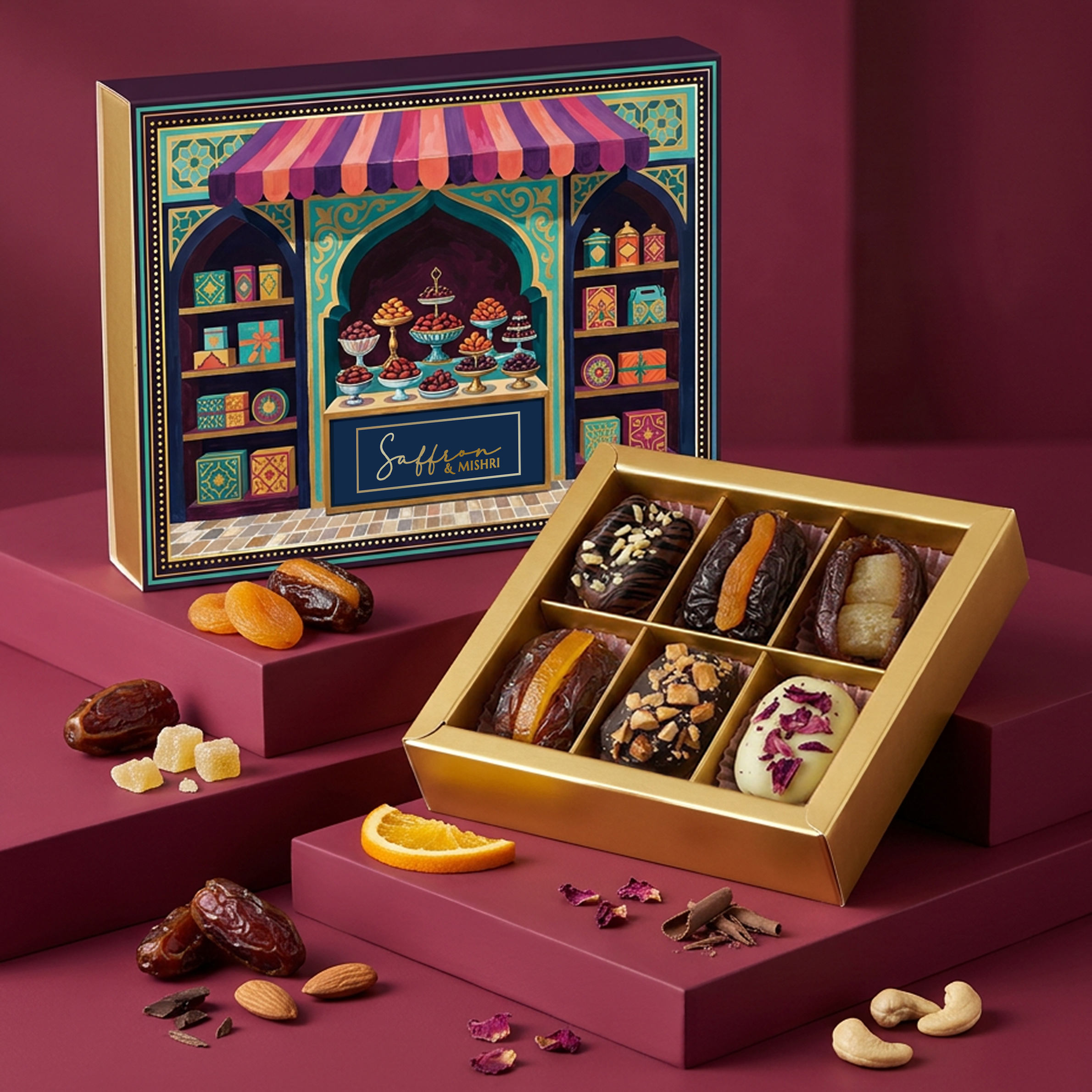 Stuffed Dates Atelier featuring gourmet dates with dark chocolate, roasted almonds, cashews and fruity flavours, perfect for luxury Diwali gifting.