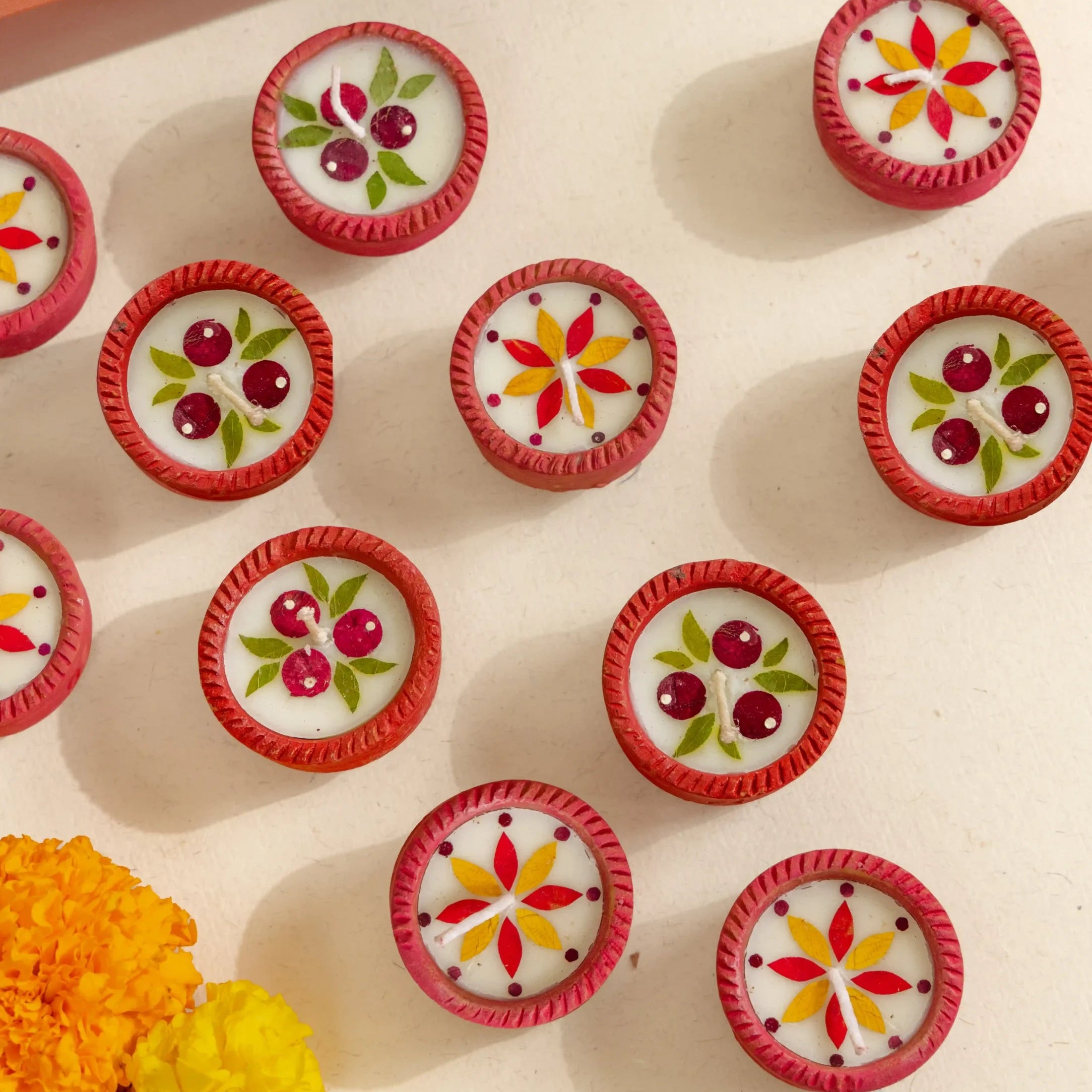 Flower Pressed Terracotta Diyas – Assorted