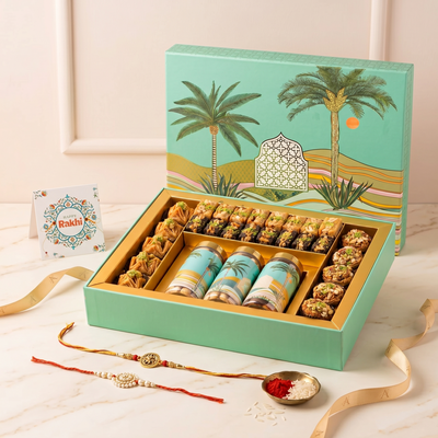 Arabia Assorted Baklava & Dry Fruit Gift Hamper with 2 Kundan Rakhis & Greeting Card