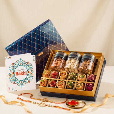 Indigo Assorted Baklava, Indian Fusion & Dry Fruit Box with 2 Kundan Rakhi