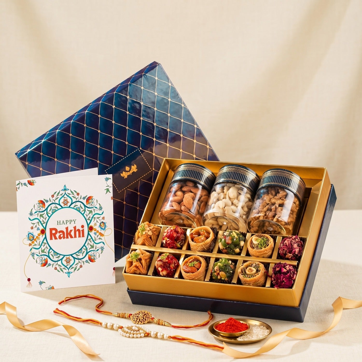Indigo Assorted Baklava, Indian Fusion & Dry Fruit Box with 2 Kundan Rakhi