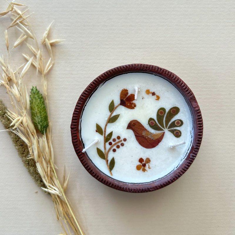 3 Wick Terracotta Round Diya with Pressed Flowers