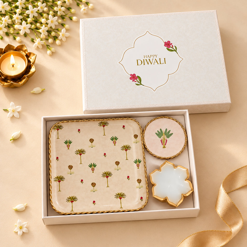 Metal Platter & Coaster Diwali Gift Set
