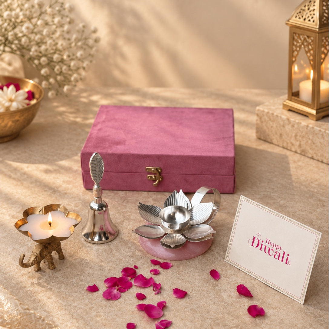Lotus Diya & Bell Set with Box