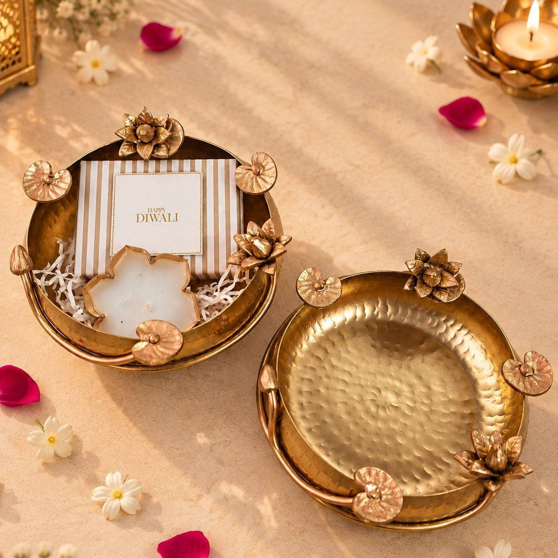Brass Finish Lotus Urli with Diya