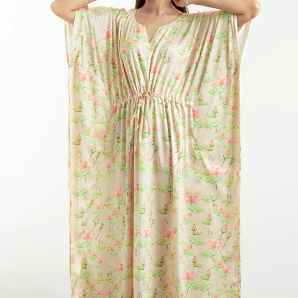 Alluring Kumud Champagne Kaftan satin loungewear – front view