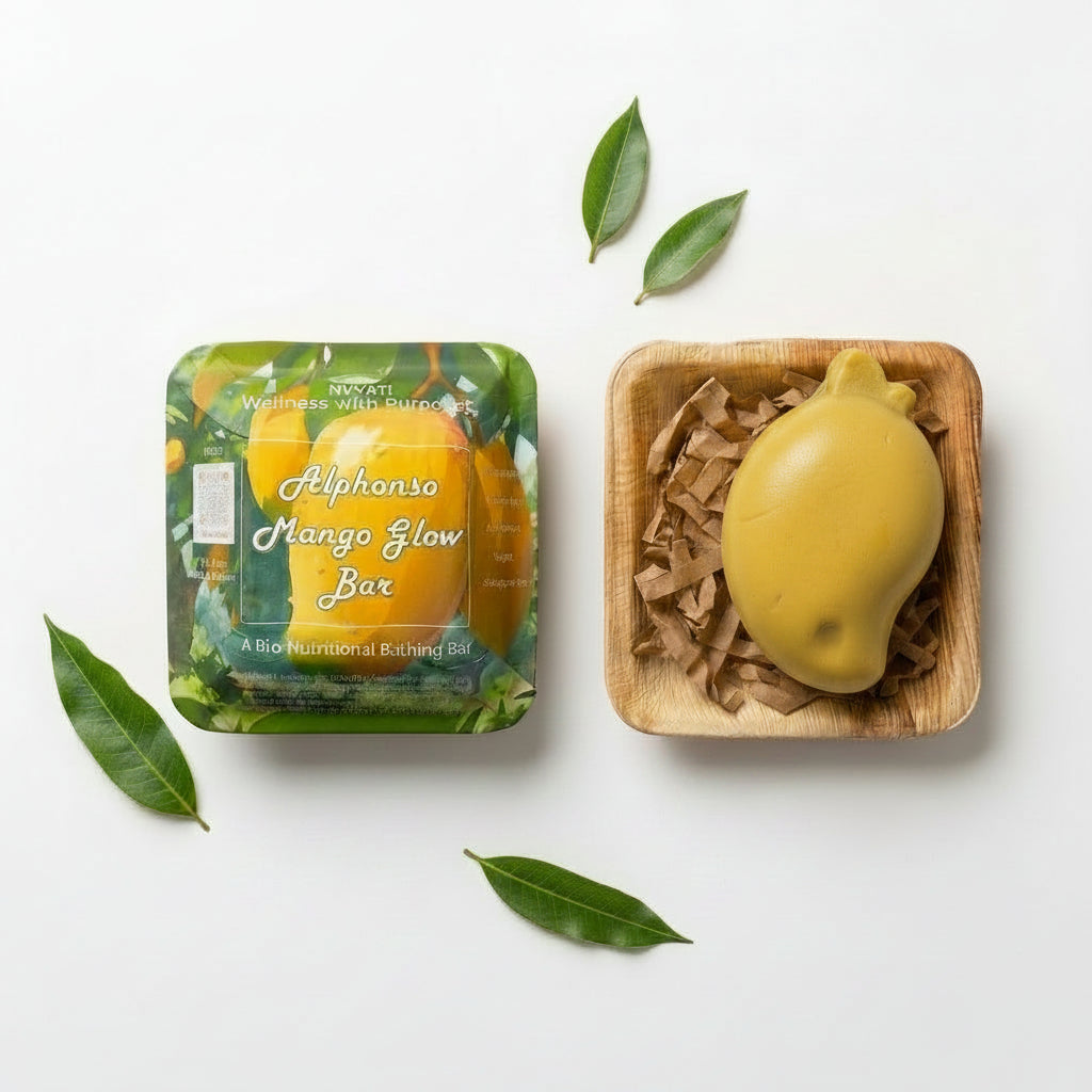 Alphonso Mango Glow Bar 120g, pH 5.5 skin-neutral syndet cleansing bar with Alphonso mango, Mangiferin, vegan formula, and eco-friendly Areca leaf packaging.