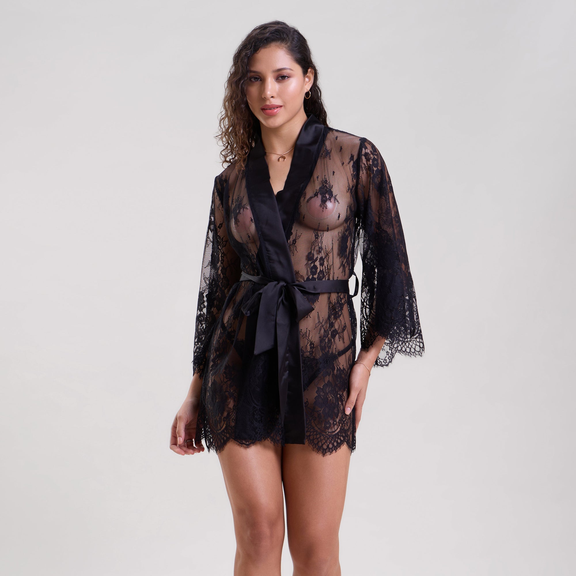 Black Lace Short Robe with Thong