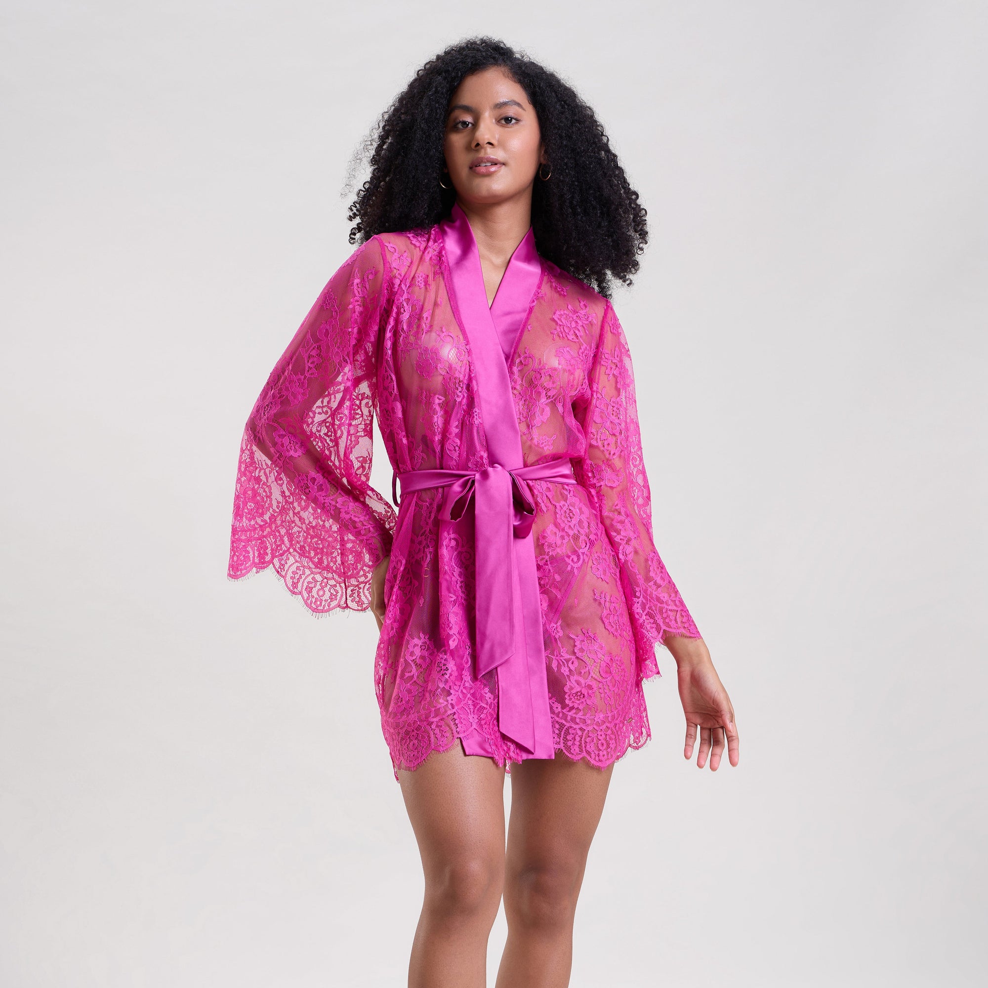 Fuchsia Lace Robe With Thong