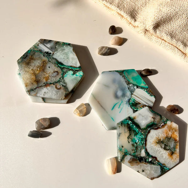 Green Agate Hexagon Coaster Set Gemtherapy