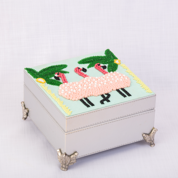 Tropical flamingo embellished quirky jewellery box