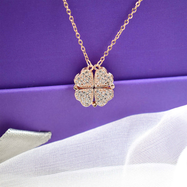 Hyacinth 4-pcs Zircon Heart Magnetic Clover Necklace - Rose Gold - the style salad